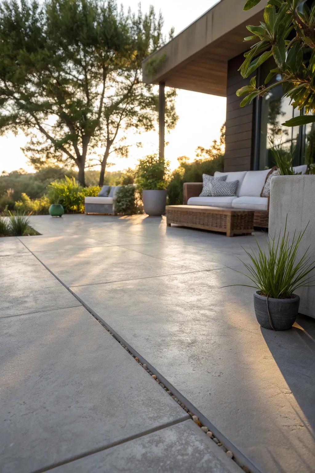 Transform your patio into a chic outdoor retreat with resurfaced concrete elegance.