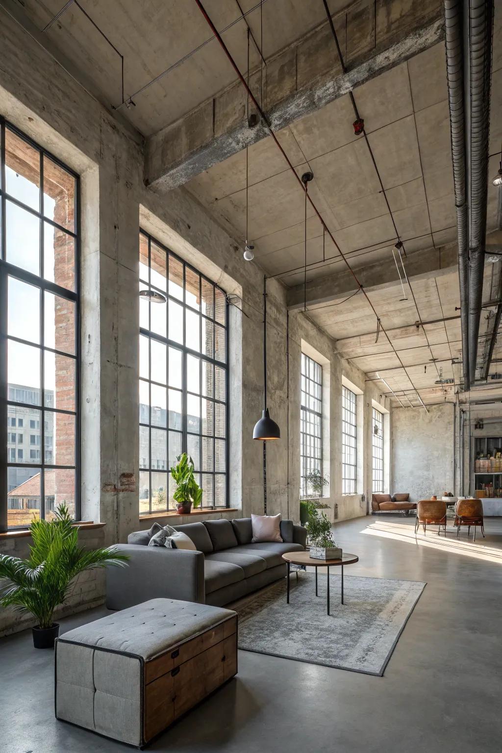 An industrial loft with concrete walls creates a bold aesthetic.