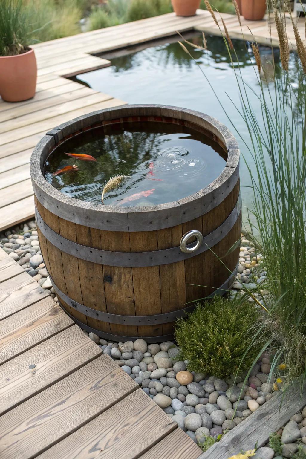Transform your patio with a touch of whimsy: A barrel pond masterpiece.