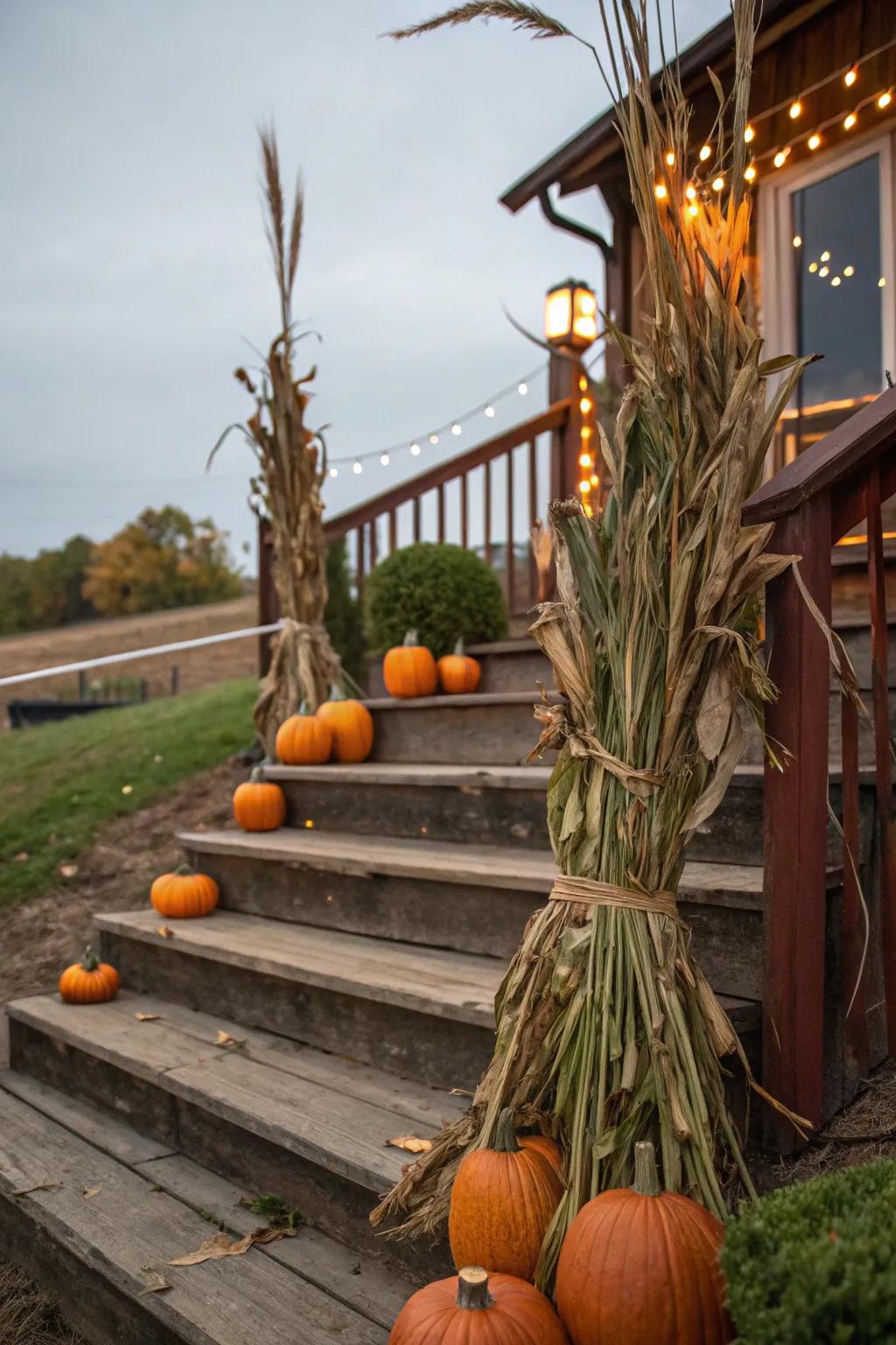 Rustic bundles of corn stalks bring texture and height to your decor.