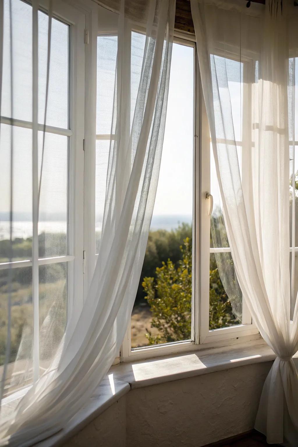 Sheer curtains add softness to corner windows.