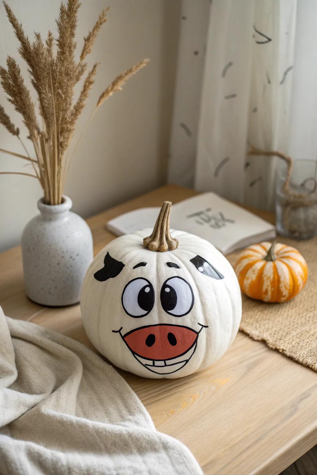 Bring joy to your decor with a happy cow pumpkin!