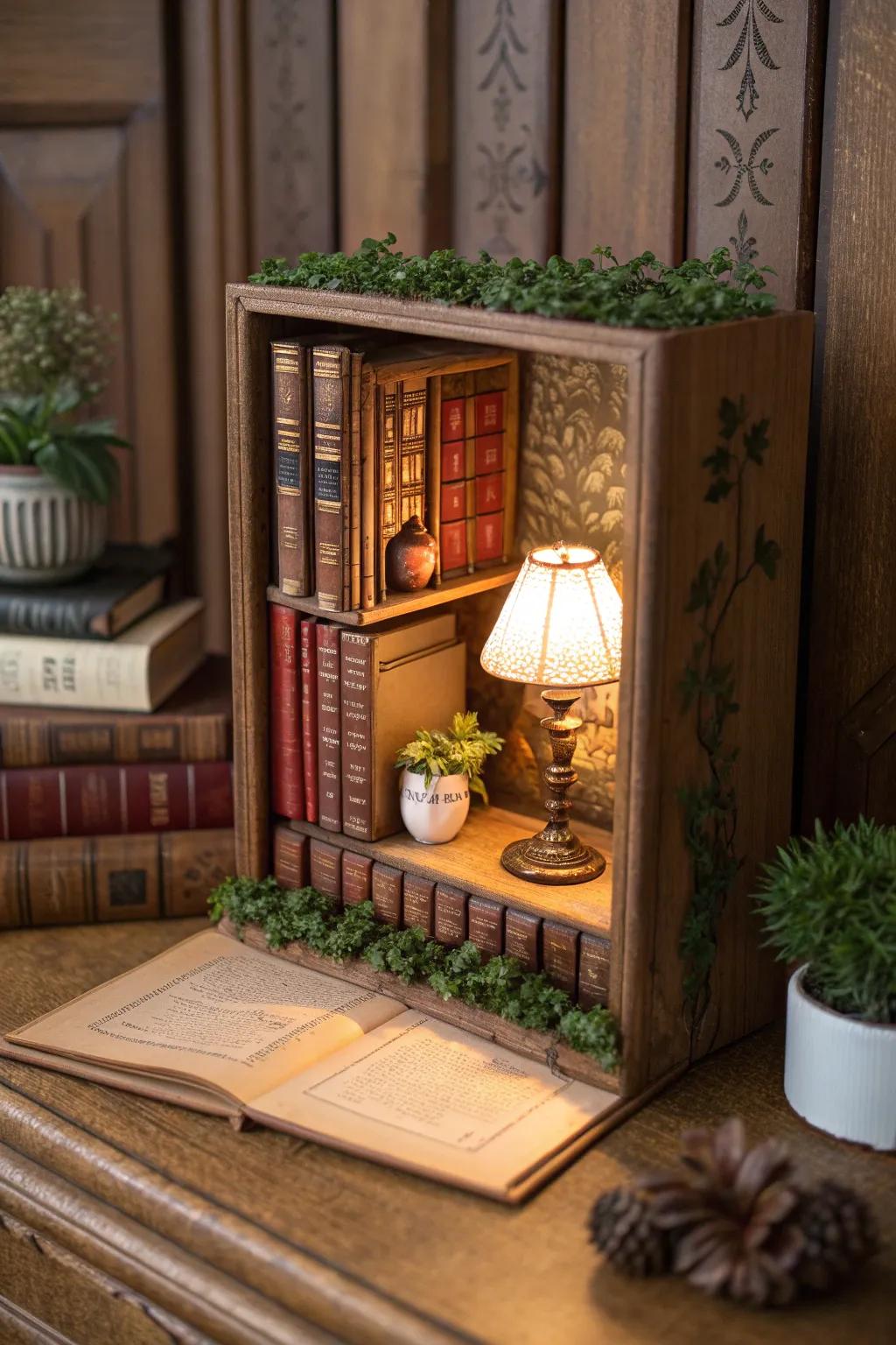 Discover the enchantment of miniature worlds with this charming book nook, a perfect blend of simplicity and whimsy for your bookshelf.