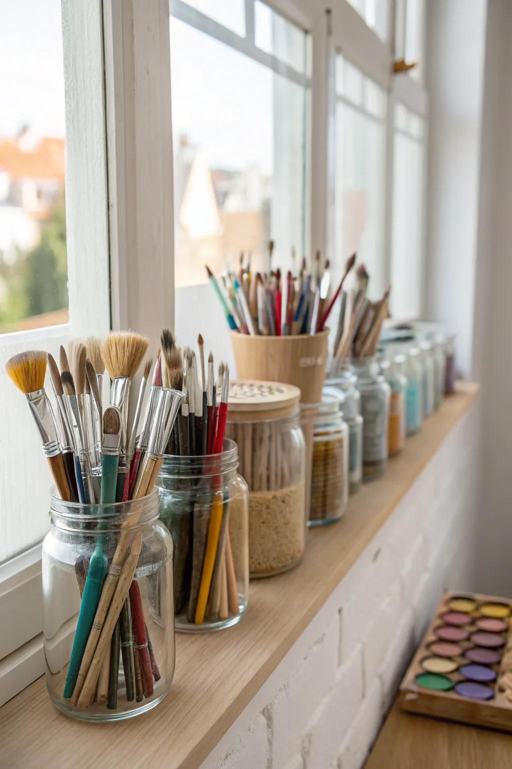 Elevate your craft space with clear jars for a chic and functional touch.