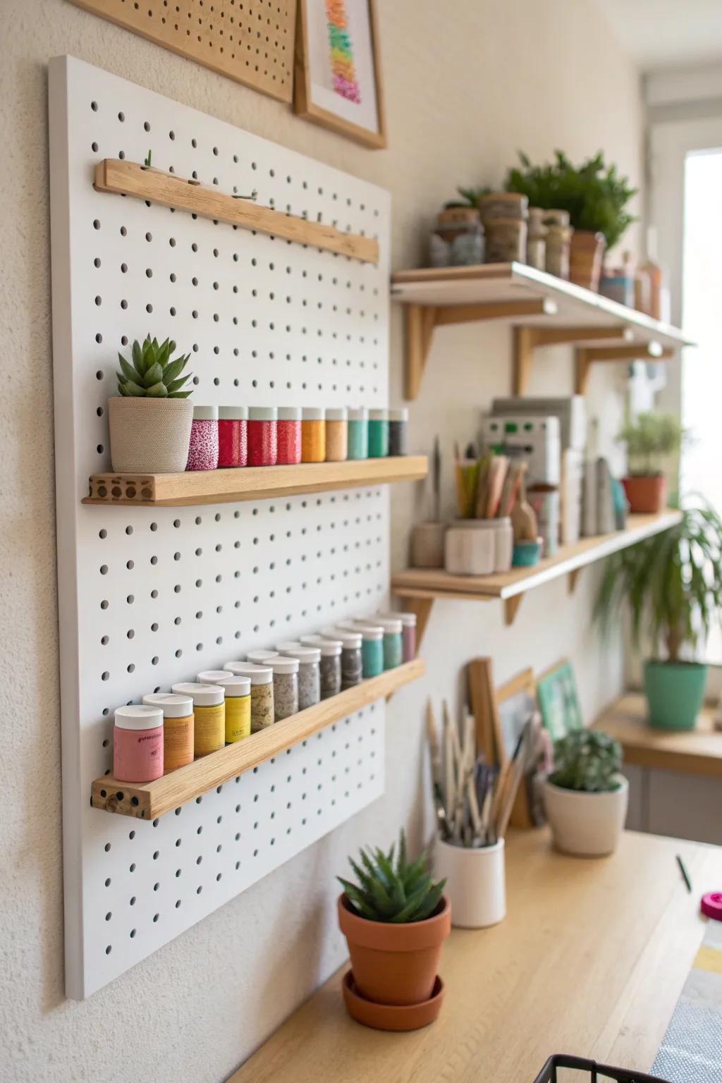 Elevate your craft space with chic floating shelves—where functionality meets minimalist beauty.