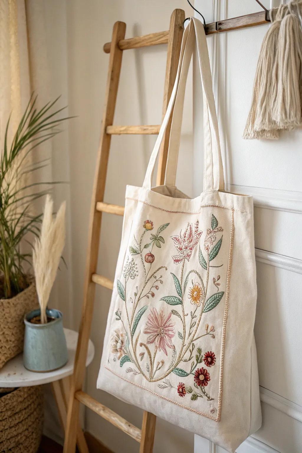 Delicate details meet minimalist design in this charming embroidered tote bag, perfect for your stylish adventures.