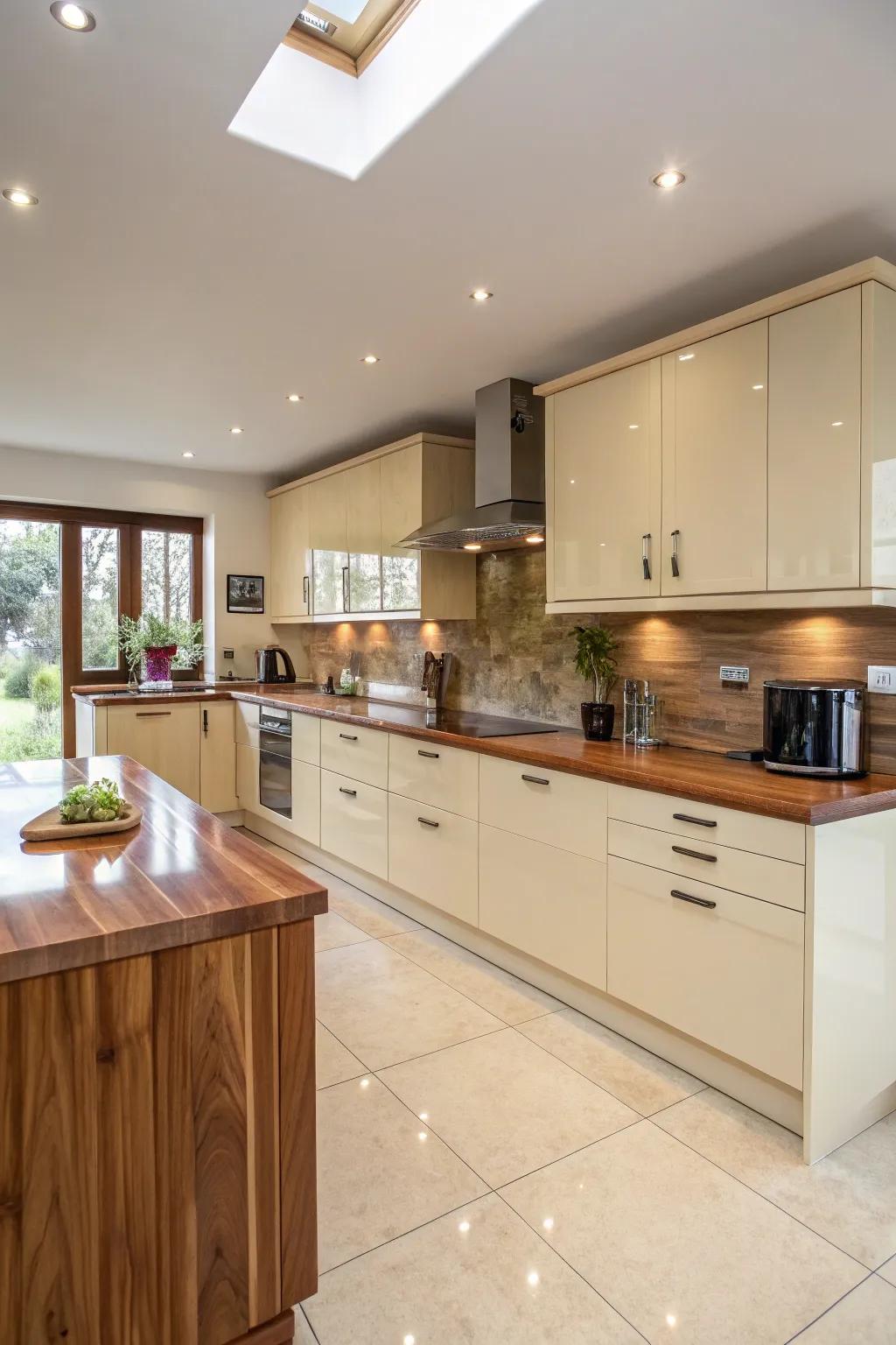 Natural wood accents complementing the cream gloss finish for a warm, inviting kitchen.