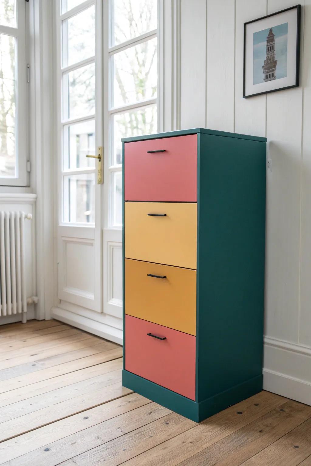 Elevate your workspace with a bold color block filing cabinet that blends minimalist elegance with a touch of boho flair.