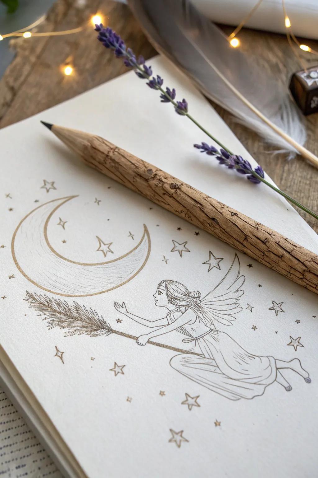 Let your creativity take flight with whimsical pencil sketches that dance among the stars.