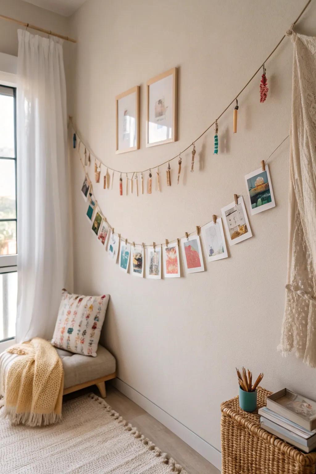 Add a touch of whimsy to your space with a charming string and clip photo display!