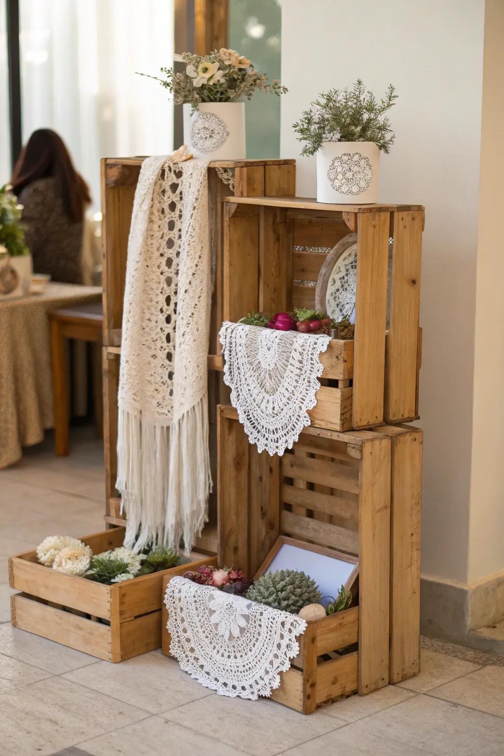 Embrace rustic elegance with upcycled fruit crates for your crochet craft display. Simple, stylish, and eye-catching!