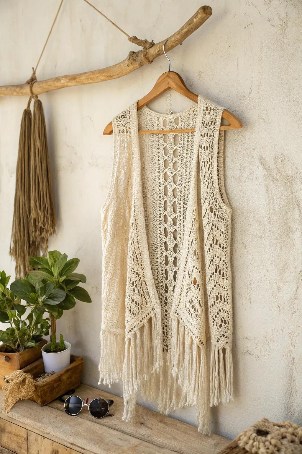 Effortlessly chic: Embrace bohemian elegance with this fringe-adorned crochet vest, perfect for your summer wardrobe.