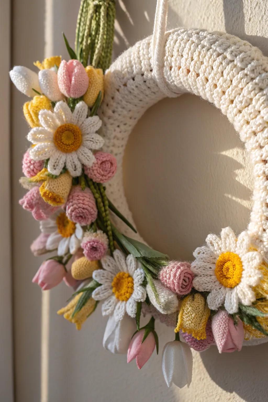 Embrace the charm of spring with this handcrafted crochet floral wreath, perfect for adding a touch of natural beauty to your home.