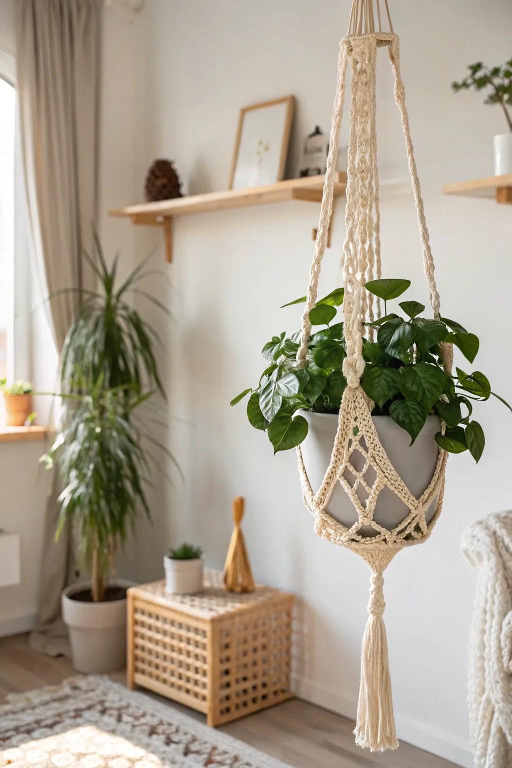 Elevate your greenery with chic crochet plant holders for a touch of Boho elegance.
