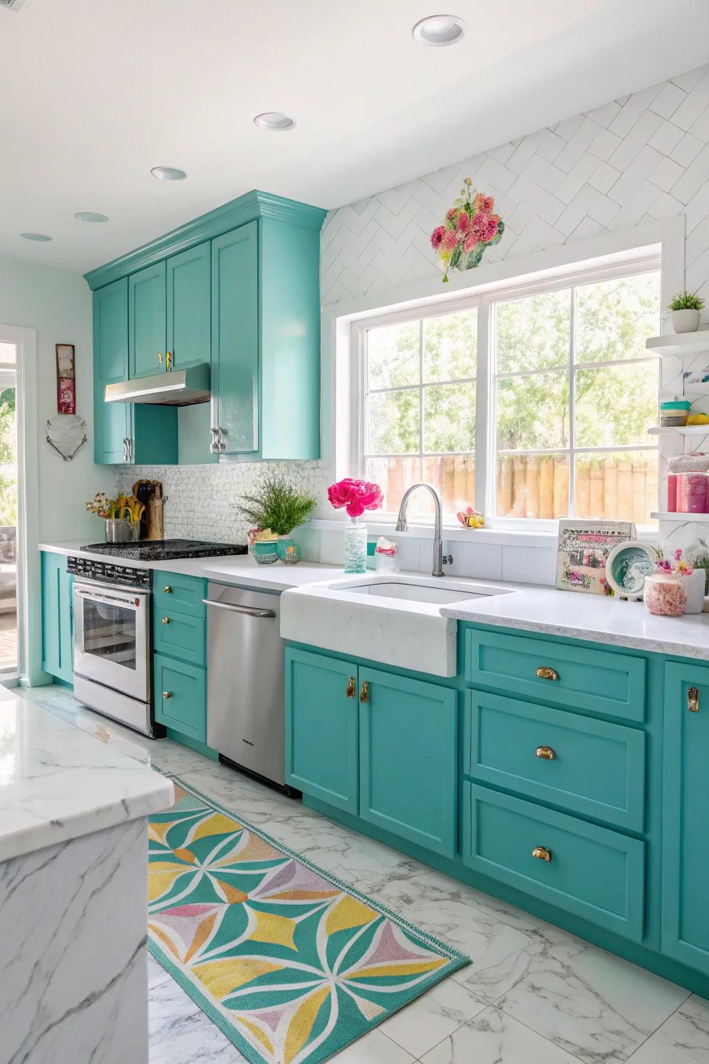 Bold cabinet colors bring life and vibrancy to the kitchen.