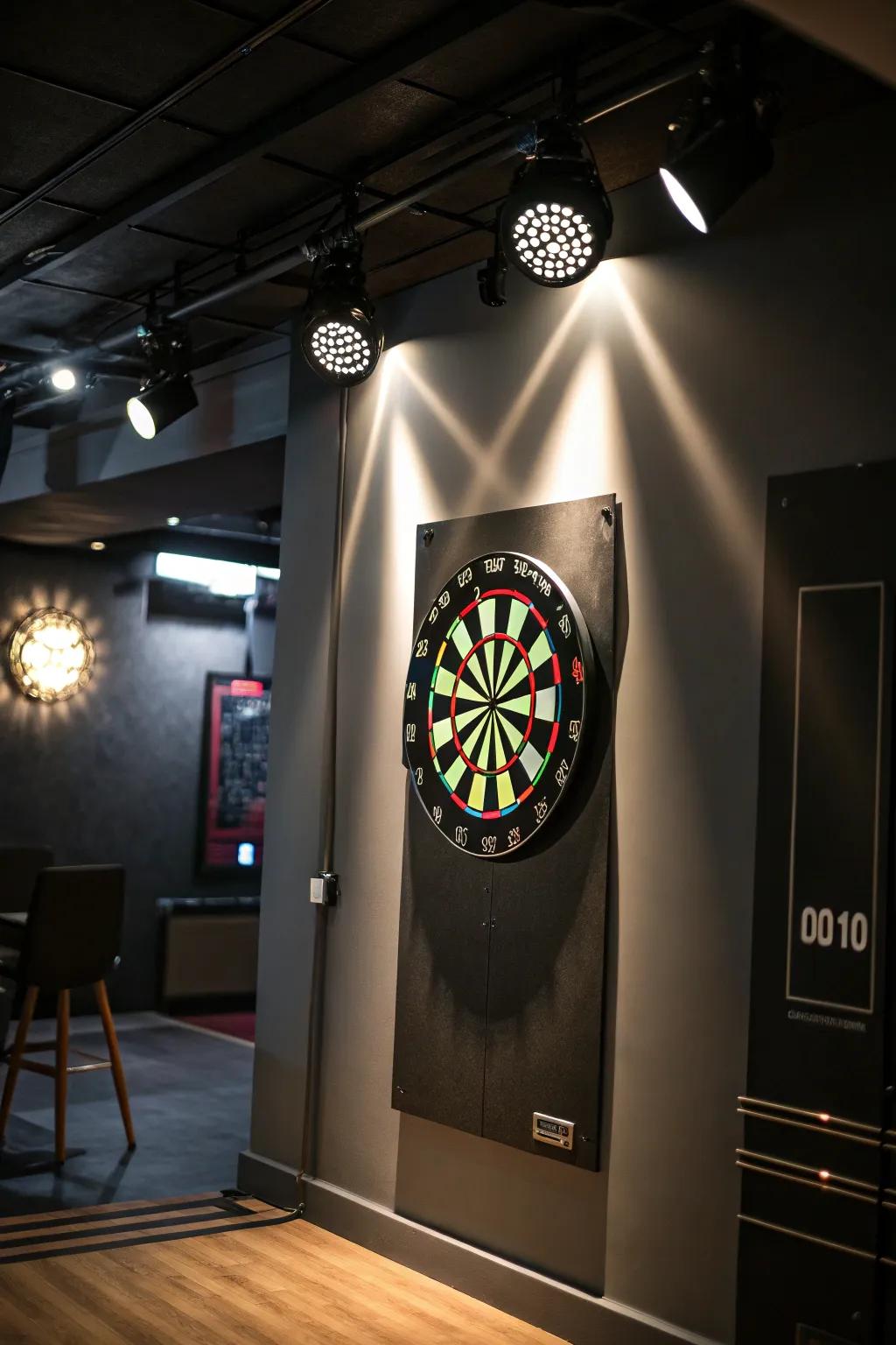 Spotlights create an inviting and focused atmosphere in your dart room.