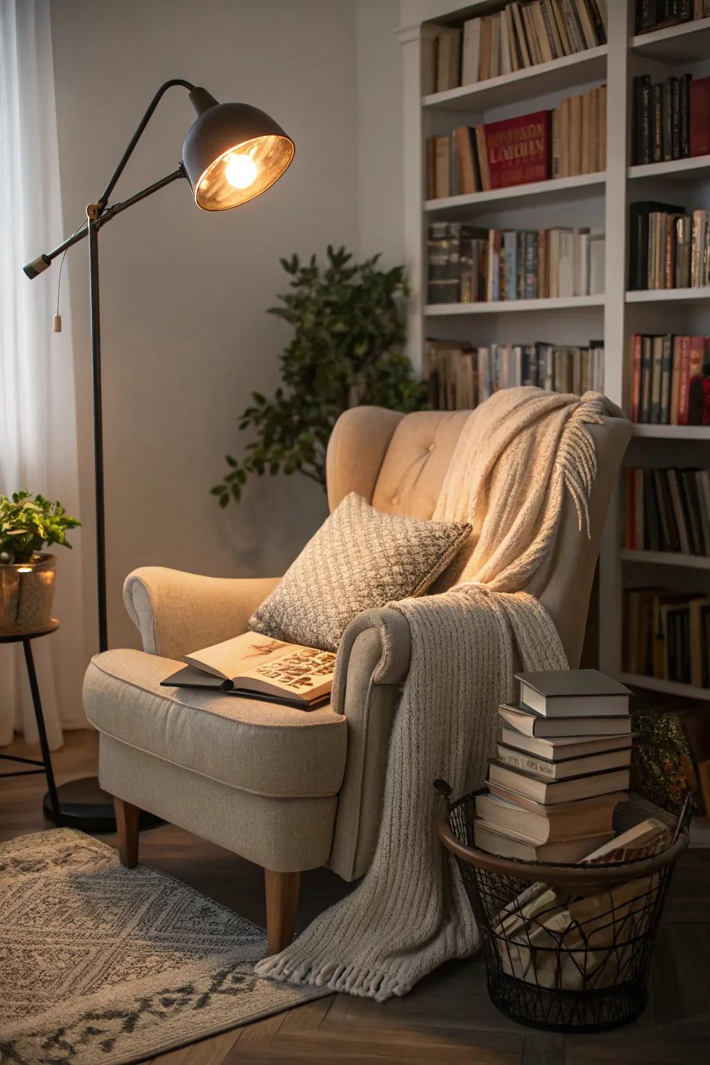 A dedicated reading nook with a task lamp for perfect light.