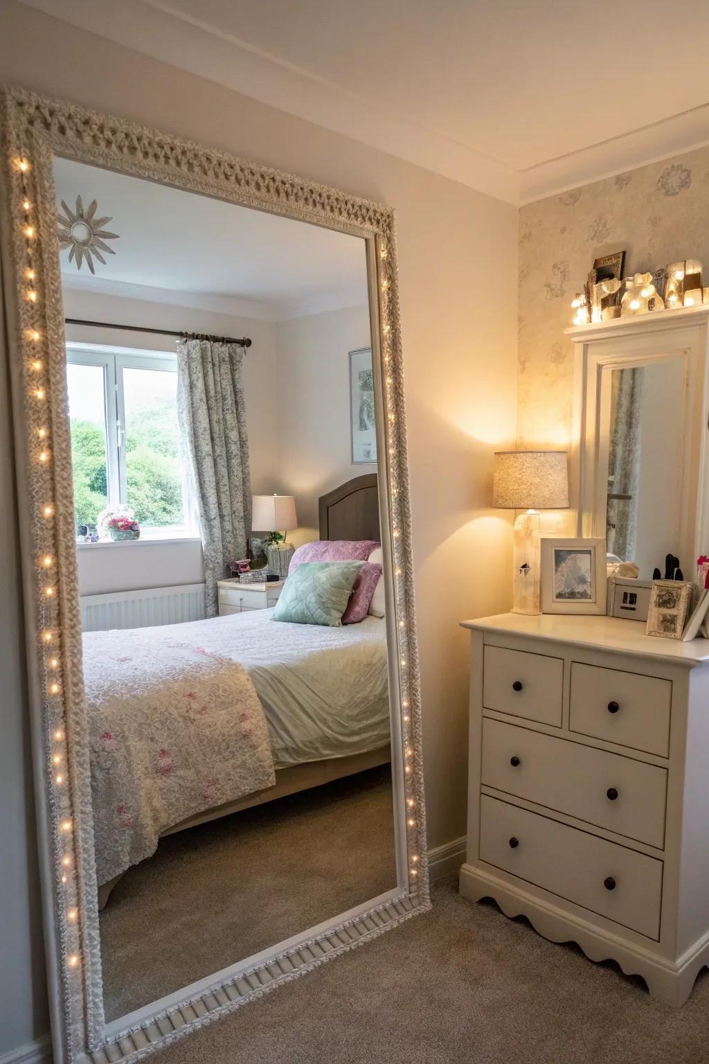A decorative mirror adds depth and brightness to a small bedroom.
