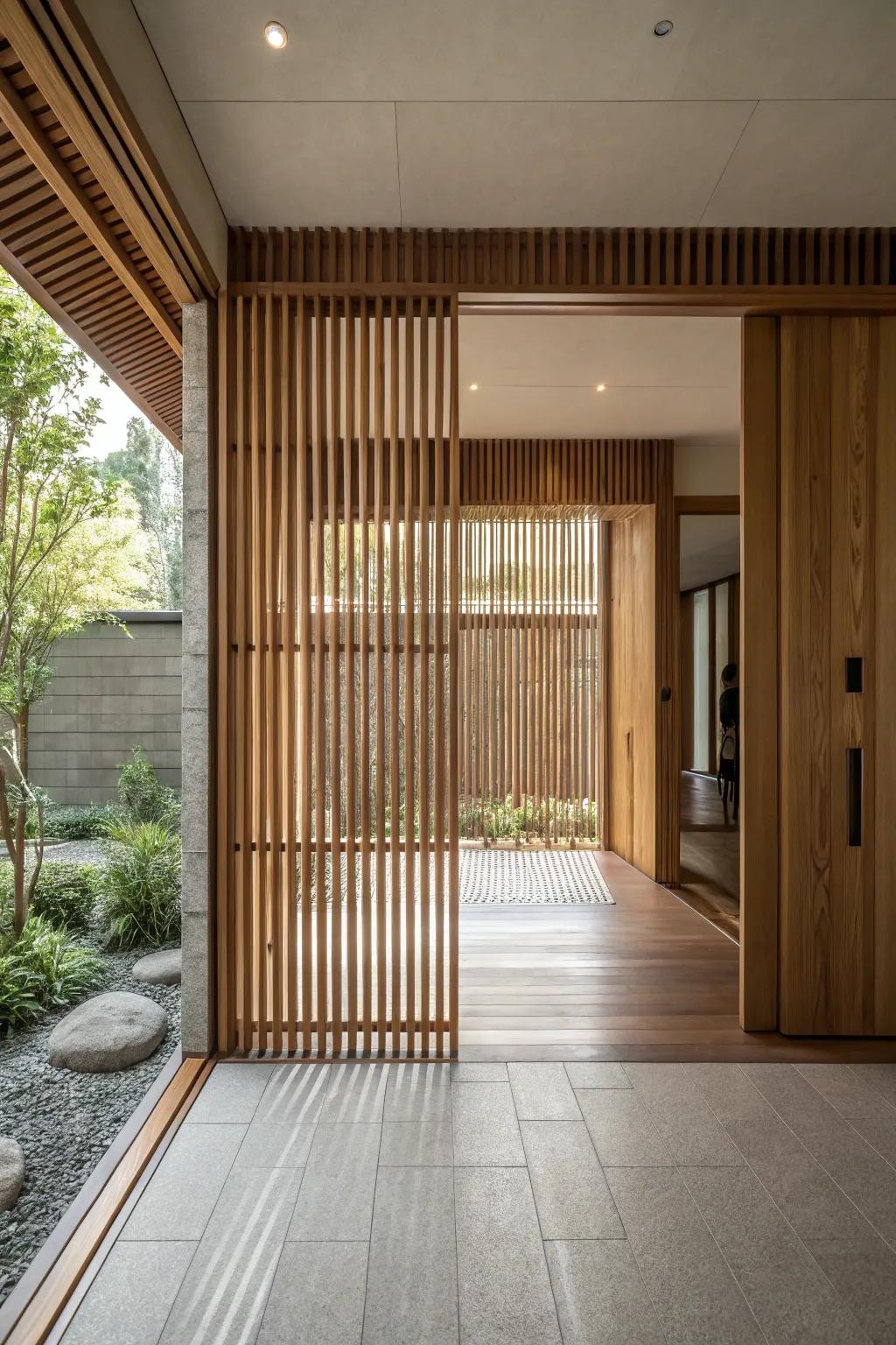 Wooden slats provide a warm and welcoming room separation.