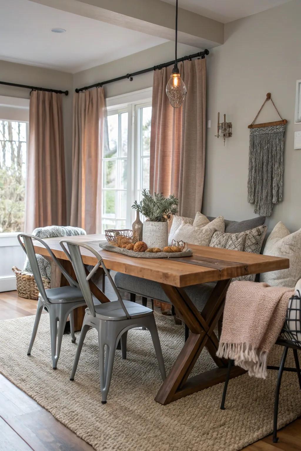 Mix textures to create a stylish and layered dining room.