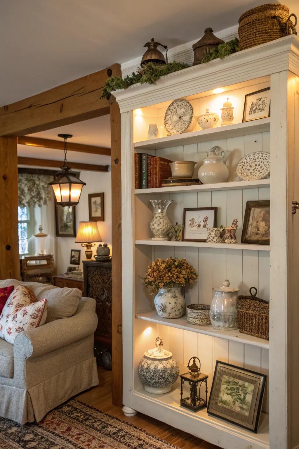 Open shelving showcasing vintage treasures and seasonal decor.