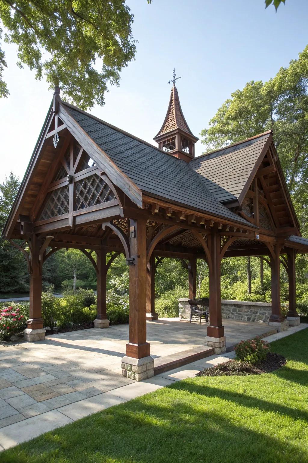 Elevate your outdoor space with the timeless elegance of a gabled roof pavilion, where craftsmanship meets nature.
