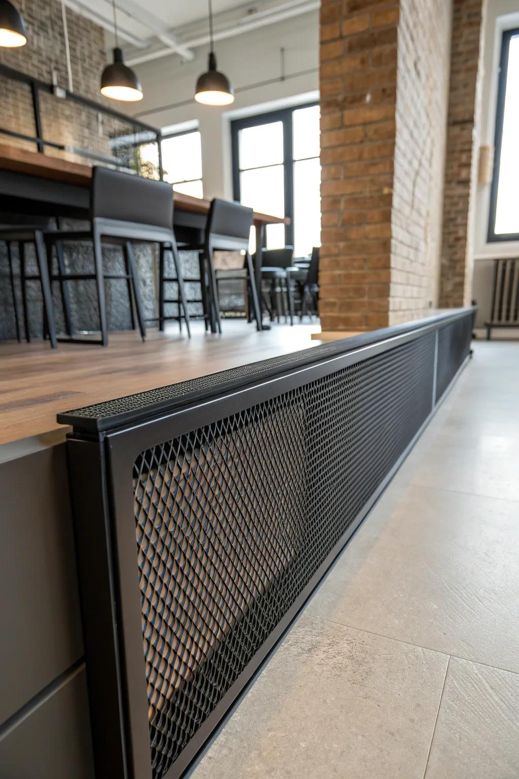 Elevate your space with a stylish metal mesh heater cover that exudes industrial charm.
