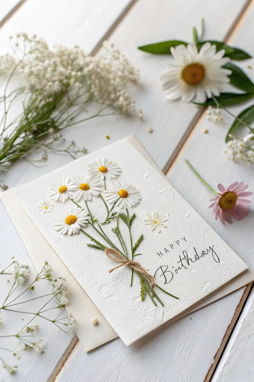 Nature's grace captured in a card - a simple yet elegant DIY birthday card adorned with pressed flowers.