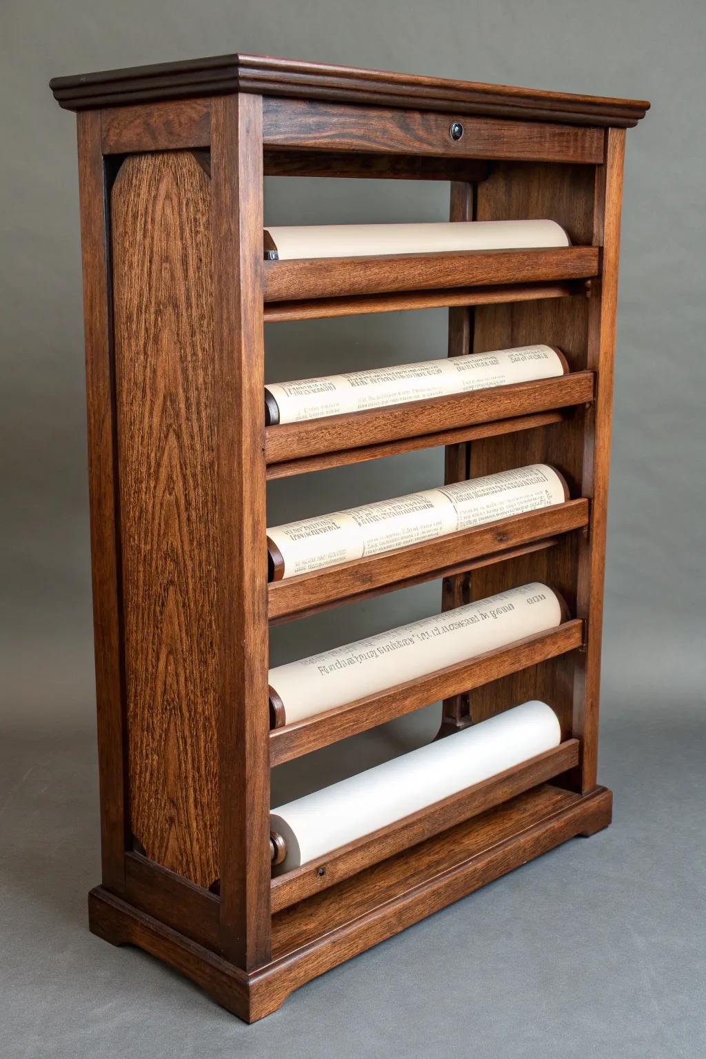 Elevate your workspace with custom wooden shelves designed for blueprint organization.