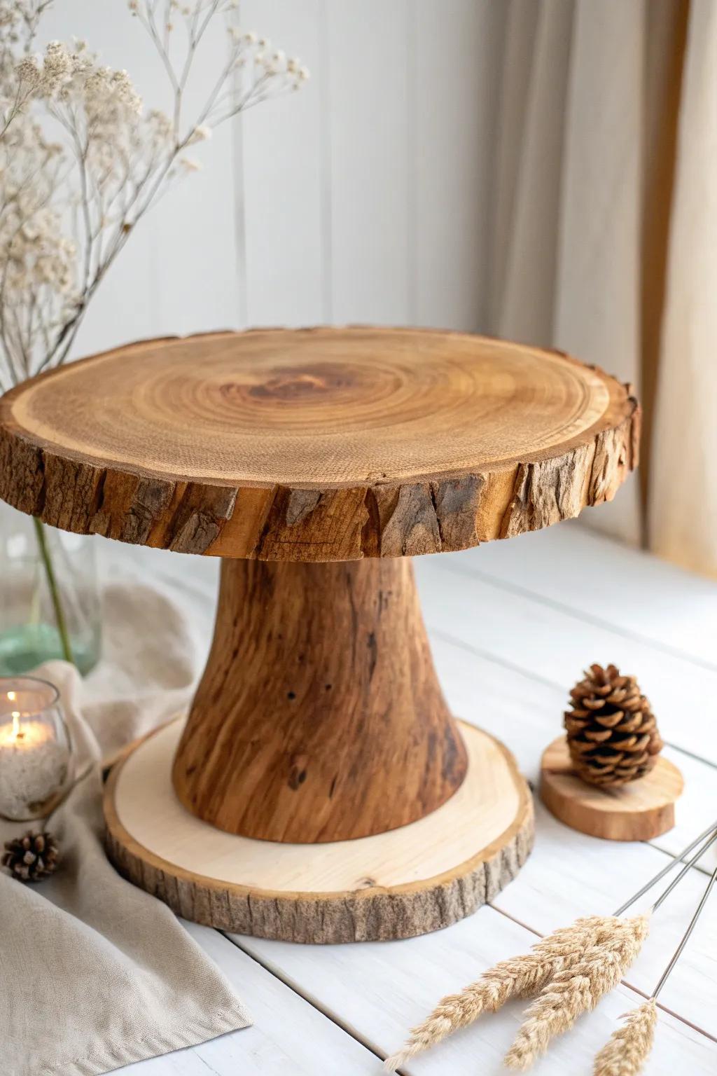 Bring the outdoors in with a rustic wood slice cake stand – the perfect blend of nature and simplicity.