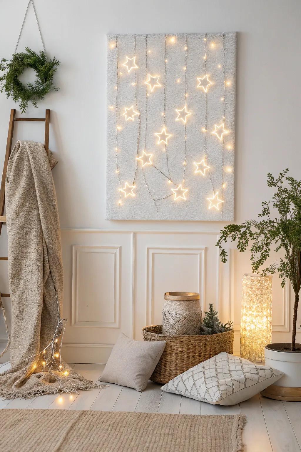 Bring the magic of a starry night into your home with a DIY Twinkling Light Canvas. 🌟✨ #ScandinavianStyle #MinimalistDecor #BohoChic