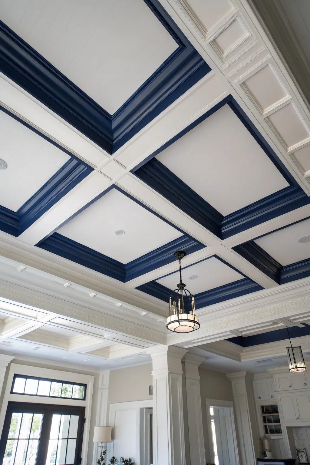 Discover the allure of painted elegance with a bold navy coffered ceiling that transforms any space into a masterpiece of craftsmanship.