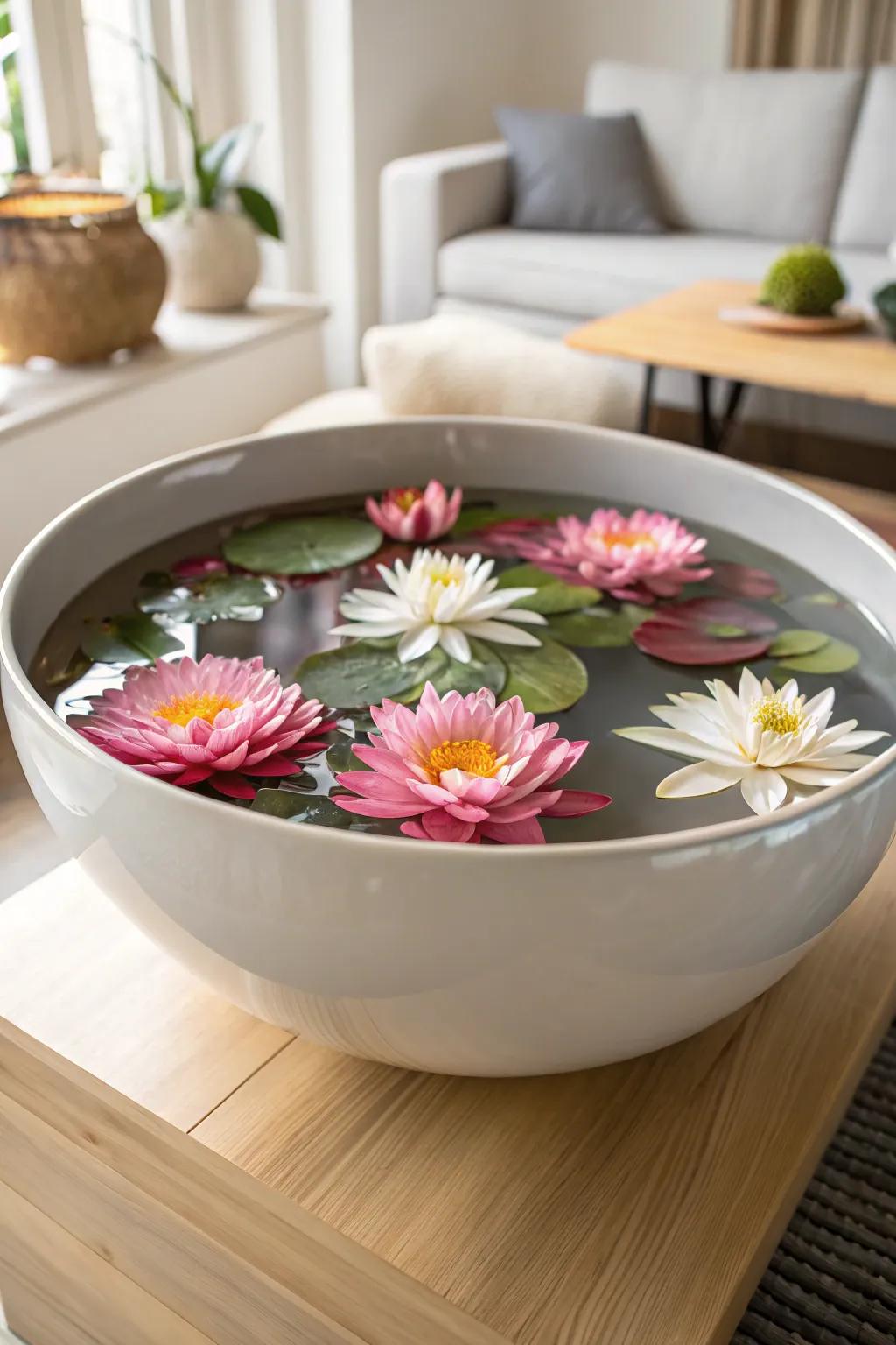 Ceramic Bowl Serenity: Embrace tranquility with a stunning centerpiece of floating water lilies.