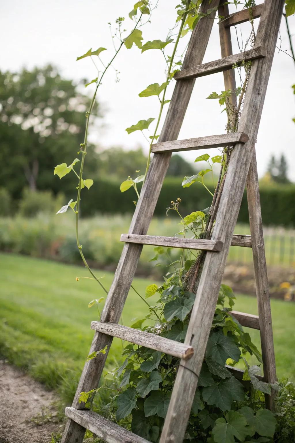 Embrace simplicity and sustainability with this charming upcycled ladder trellis for your cucumber garden.