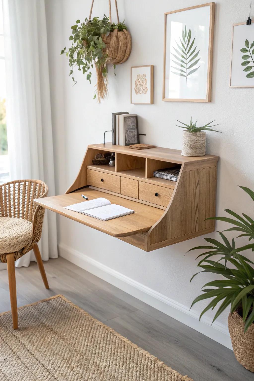 Elevate and simplify your workspace with a chic floating wall desk—perfect for when you need to create or just want to clear some floor space. 🌿✨ #ScandinavianDesign #MinimalistBeauty