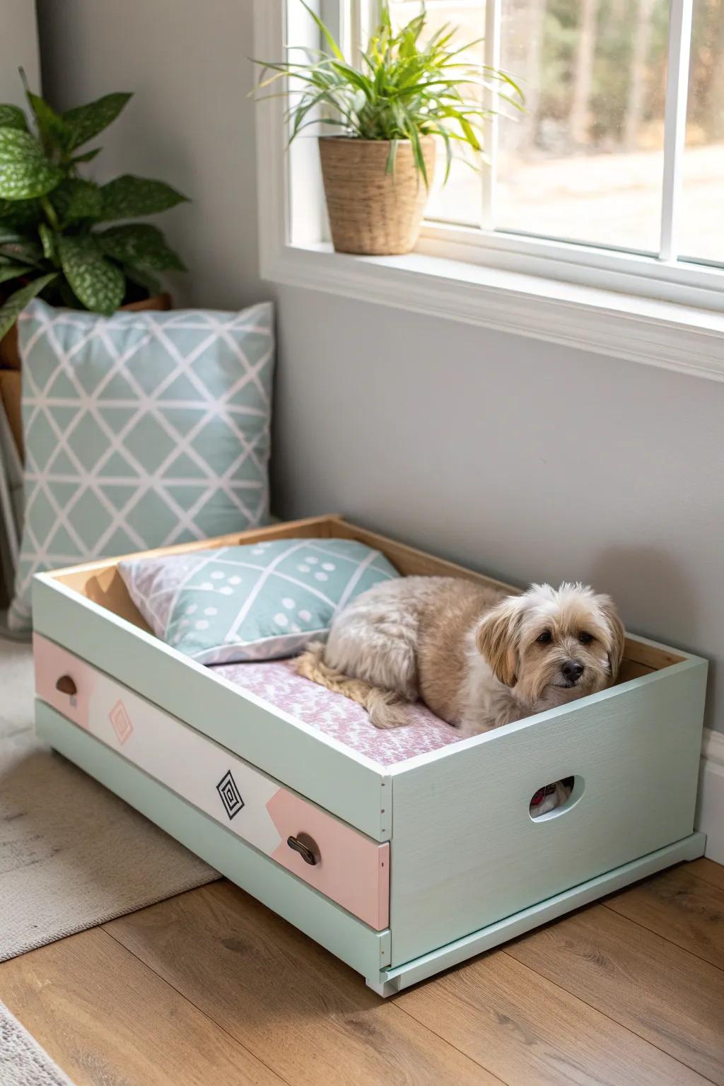 Upcycle with style: A charming dog bed from a repurposed drawer that blends boho flair with Scandinavian minimalism.