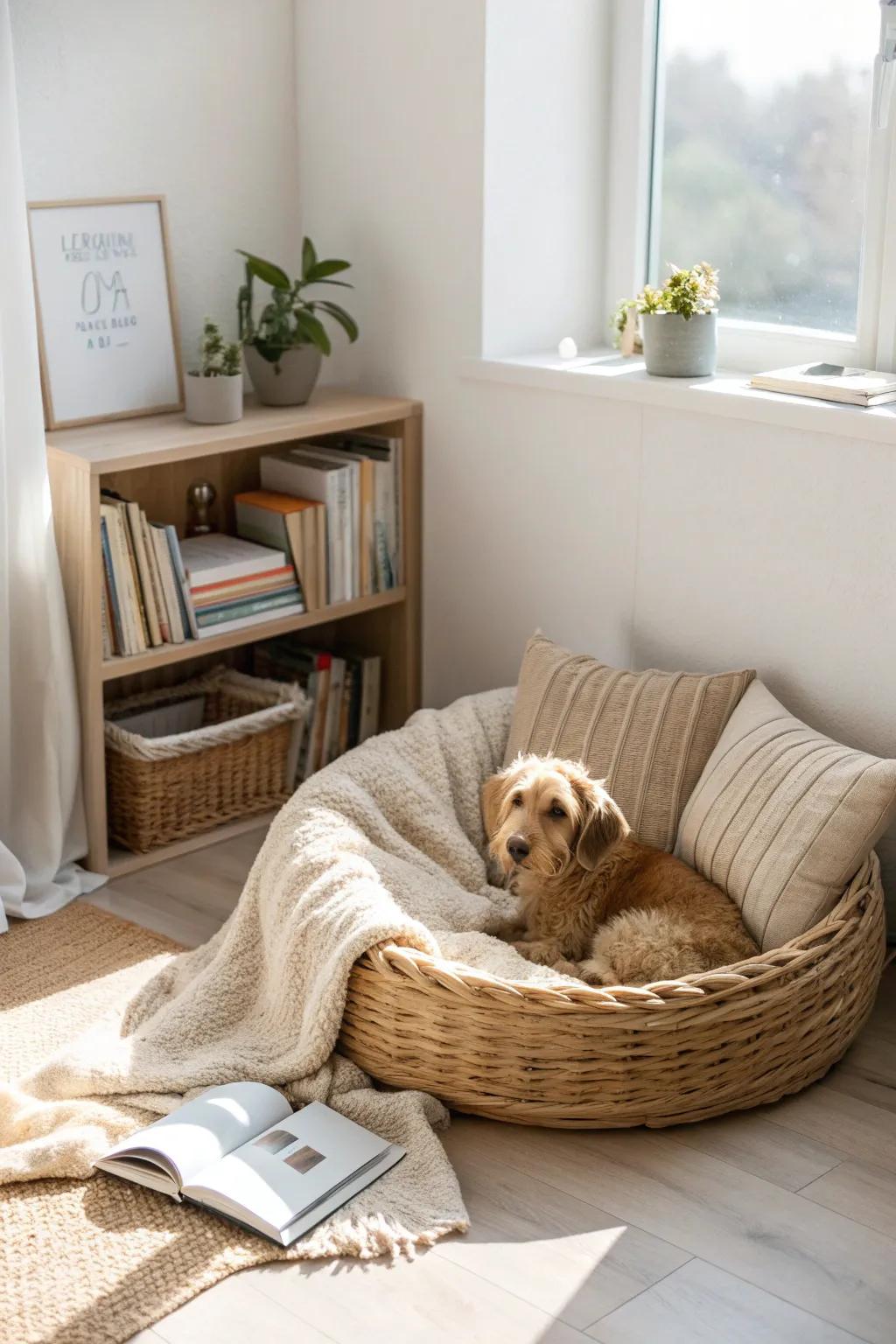 Create a serene reading nook to enjoy with your furry friend—where comfort meets minimalist elegance.