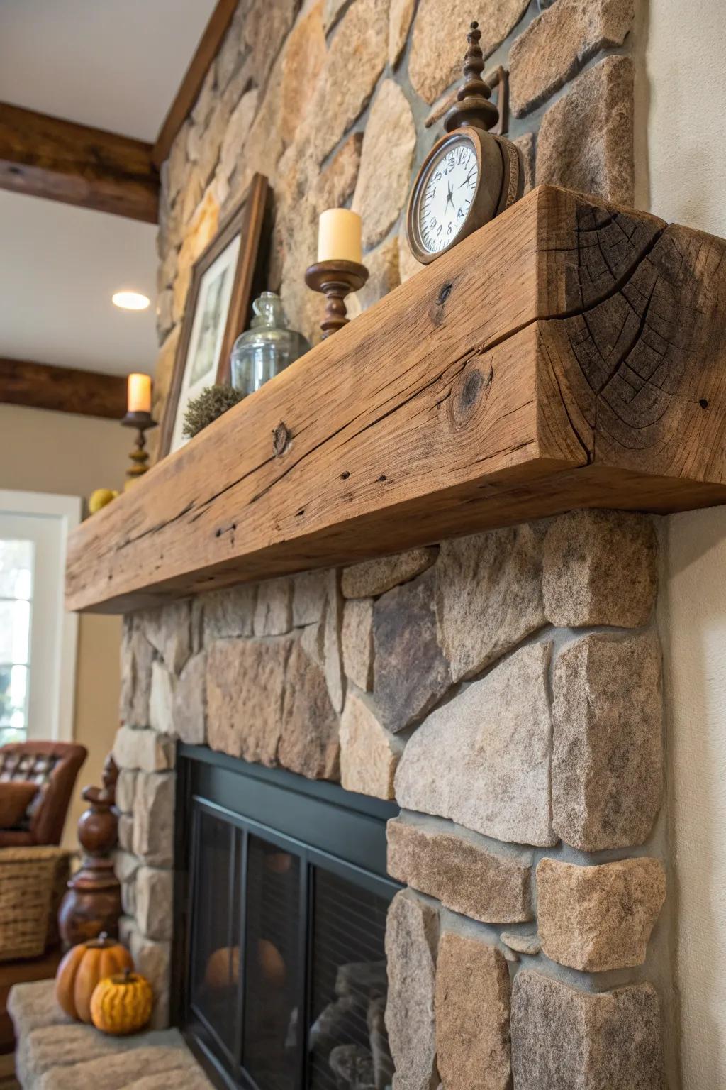 Elevate your fireplace with a rustic wood beam mantel that exudes farmhouse charm and craftsmanship.