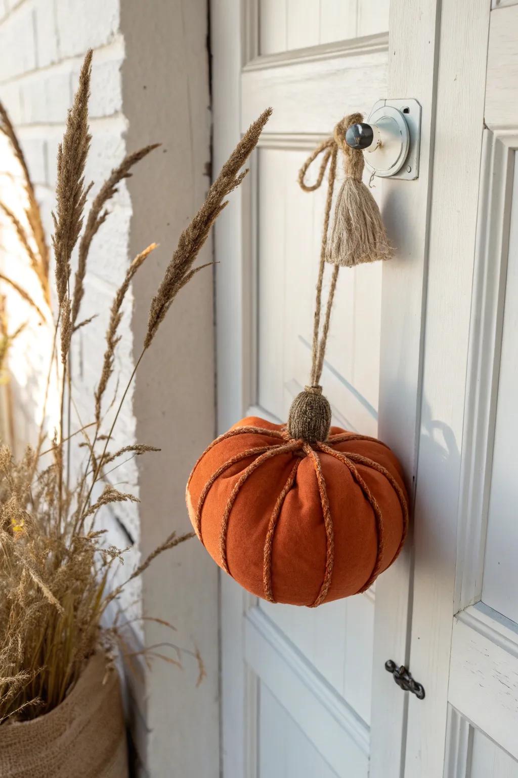 Elevate your entryway with a rustic, handmade pumpkin door hanger, blending cozy charm with Scandinavian simplicity.