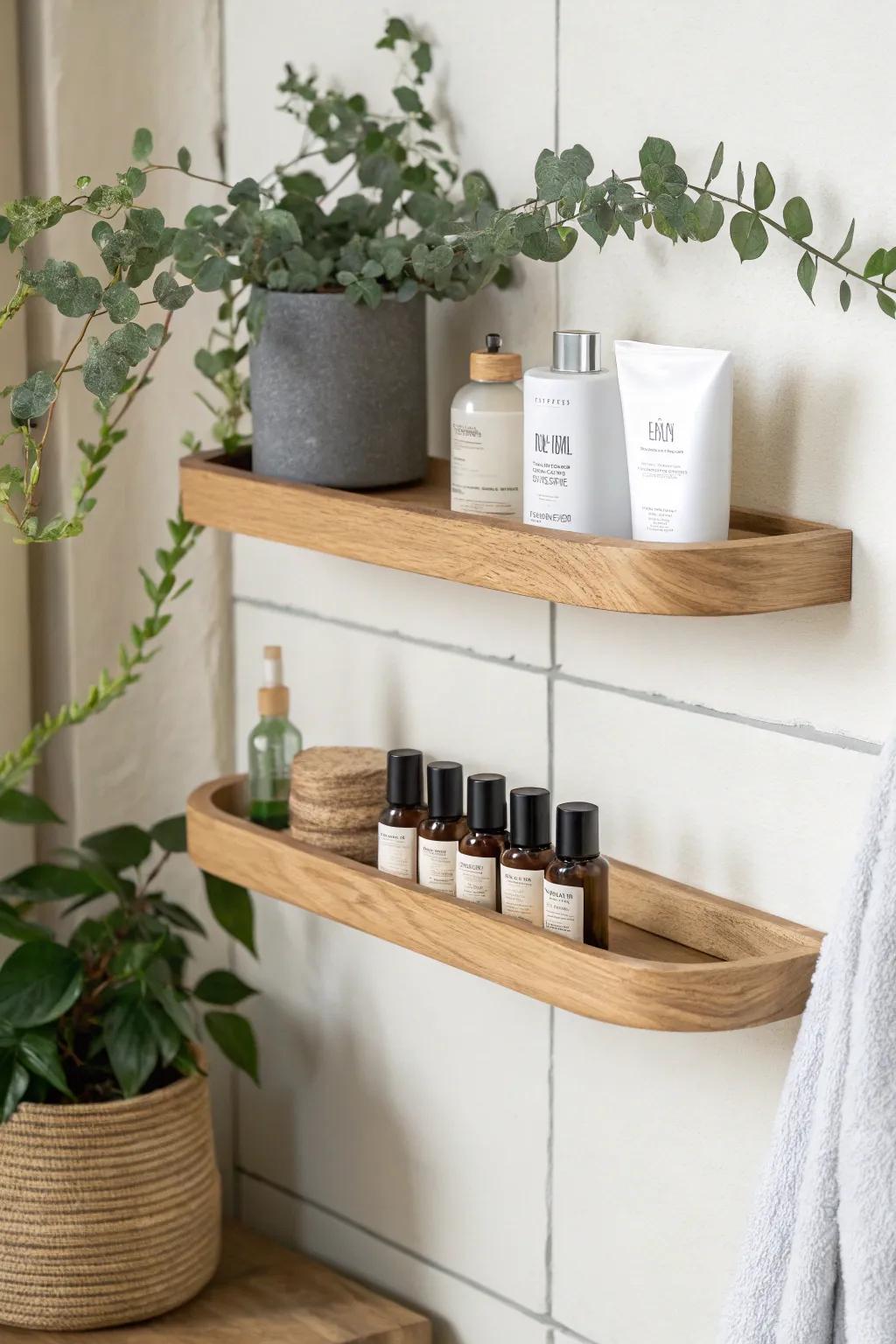 Elevate your beauty essentials with stylish floating shelves—perfect for maximizing small spaces in a chic, minimalist way.