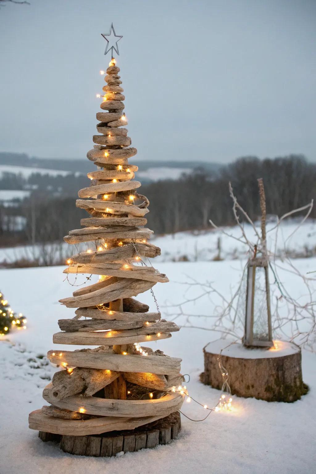 Embrace the beauty of simplicity with a rustic driftwood Christmas tree, bringing a touch of bohemian charm to your outdoor decor.