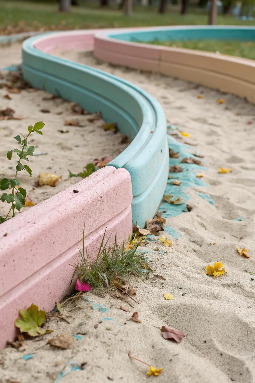 Enhance your play area with eco-friendly charm using recycled rubber borders. Soft hues meet sustainable design!