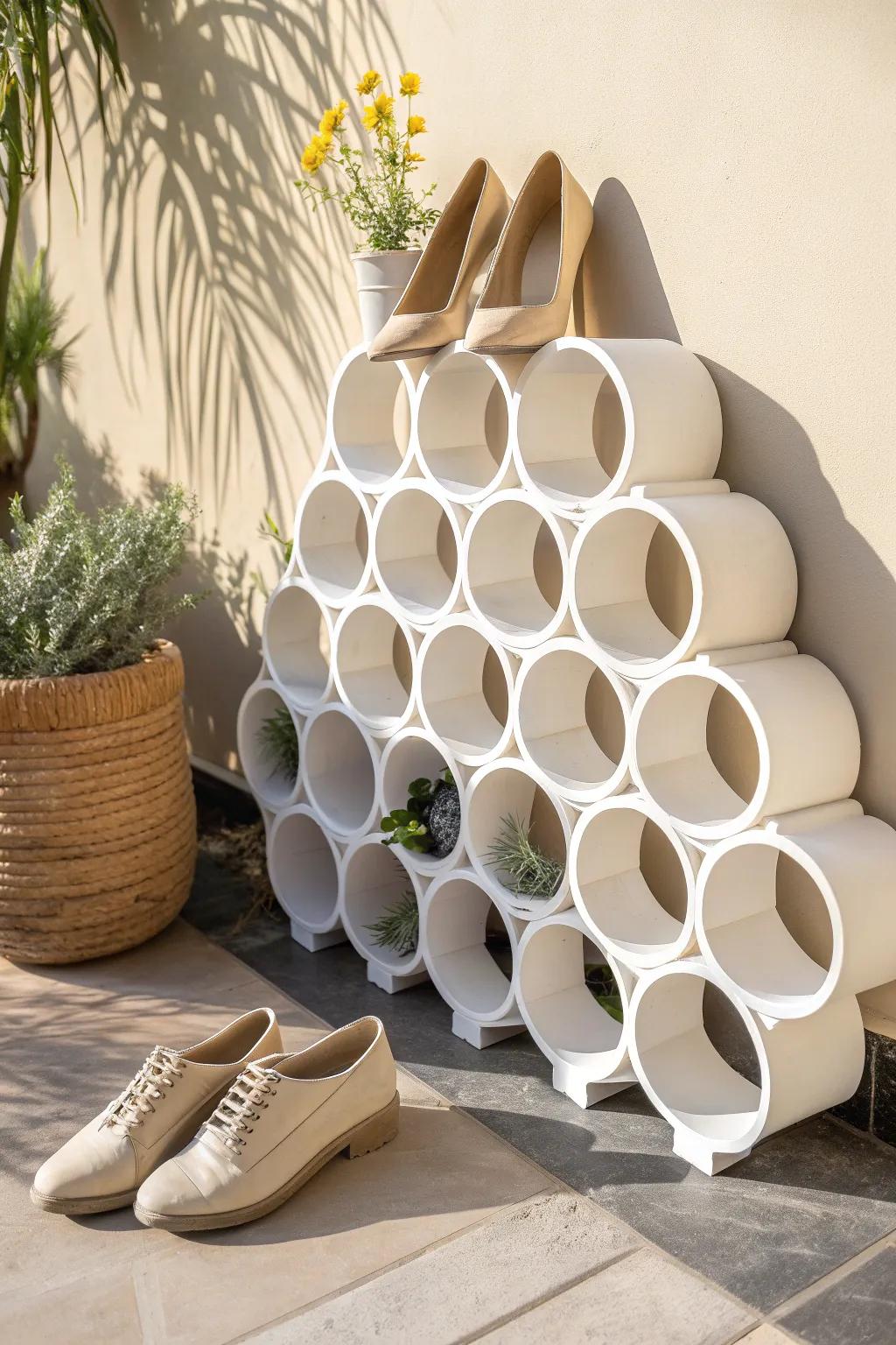 Transform your space with this chic PVC pipe shoe rack, where simplicity meets style.
