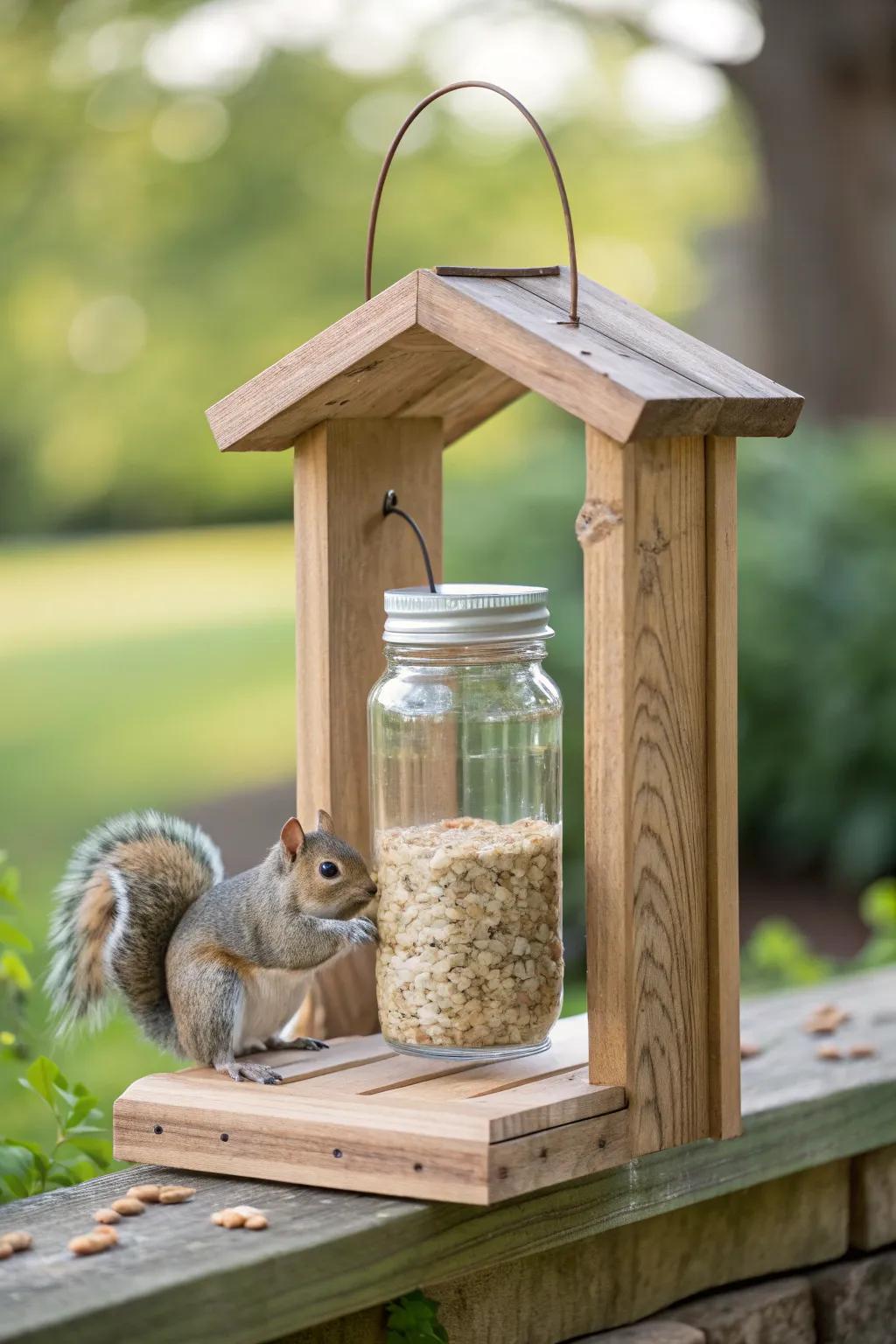 Embrace nature's charm with this minimalist mason jar squirrel feeder, where simplicity meets elegance.