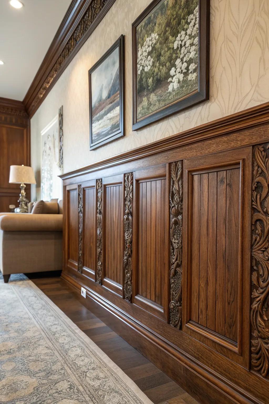 Elevate your living room's charm with exquisite wainscoting craftsmanship.