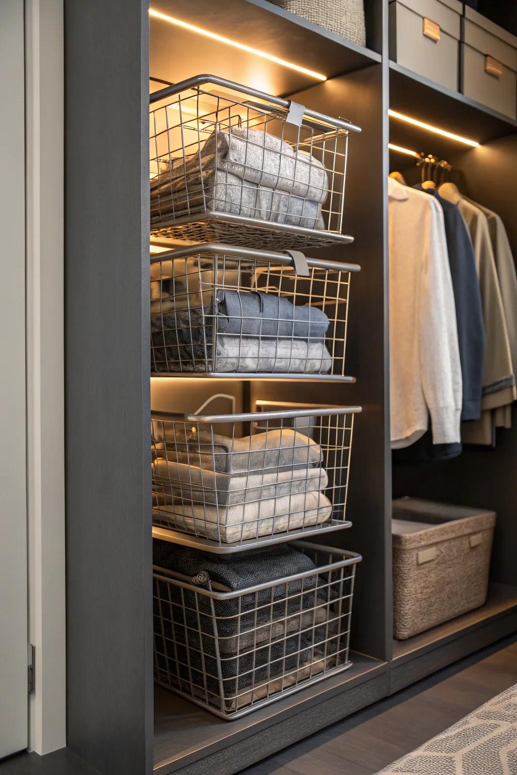 Elevate your closet organization with stylish stackable wire bins - where functionality meets craftsmanship.