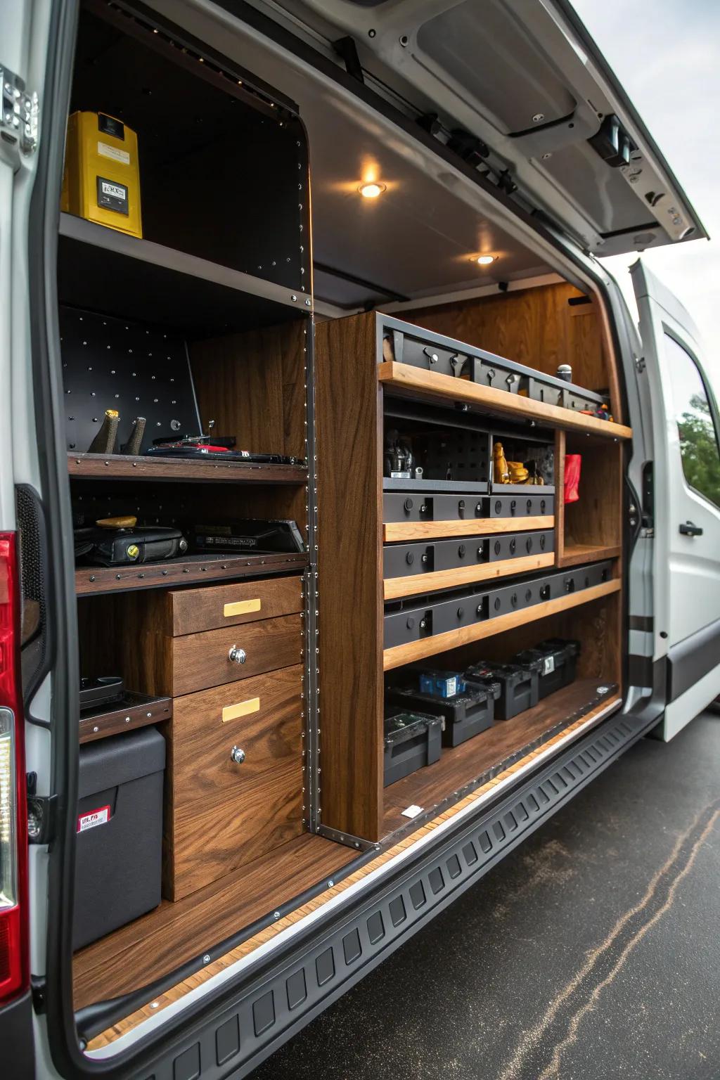 Elevate your work van organization with a custom adjustable shelving system.