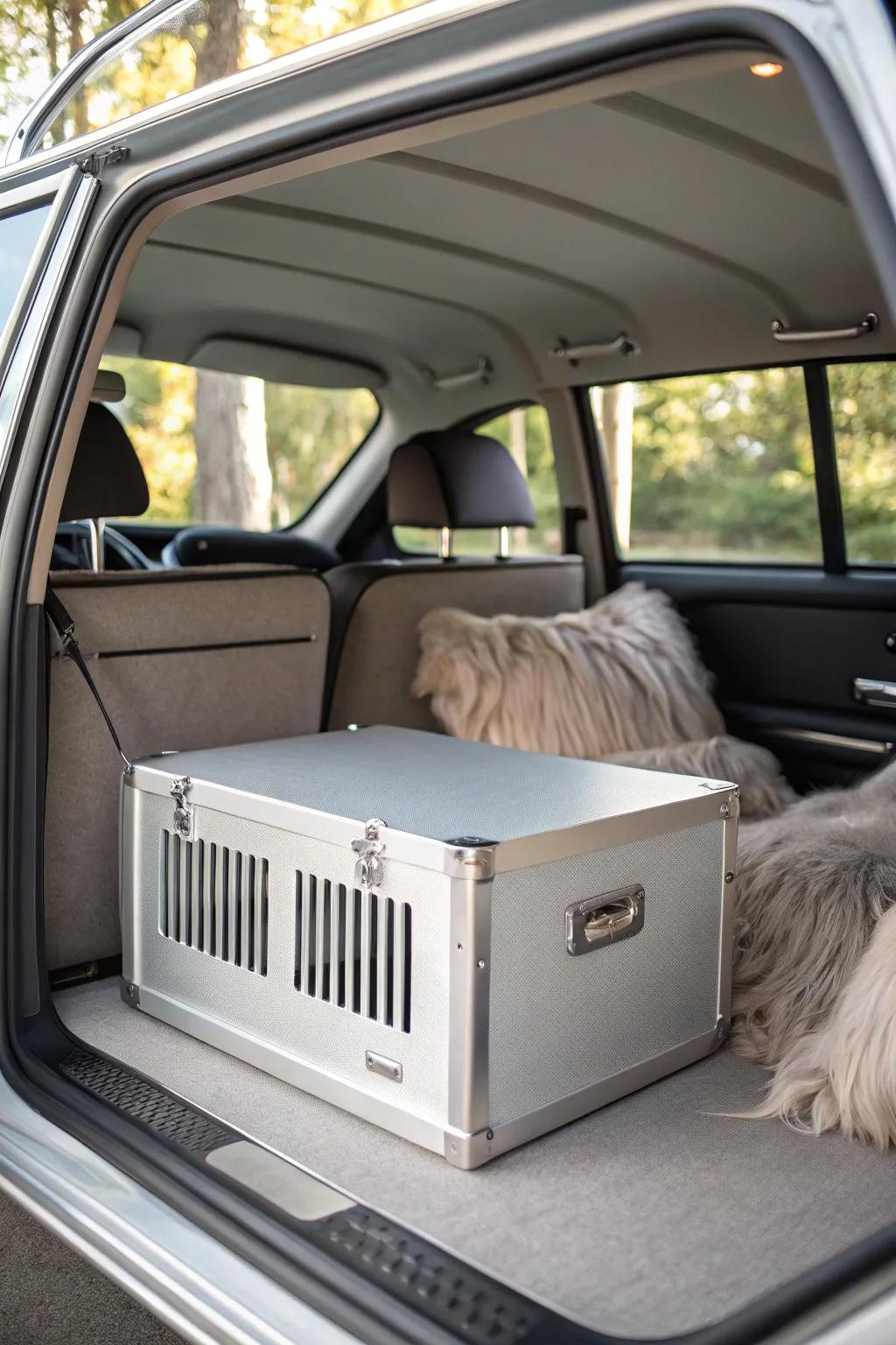 Travel in style with this chic metal dog box, perfect for your adventures with your furry friend.