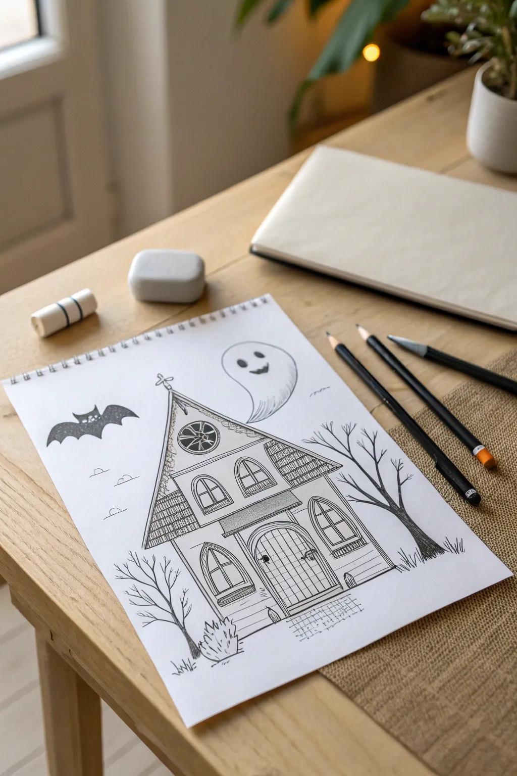 Unleash your creativity with whimsical haunted house drawings that bring a playful twist to Halloween decor.