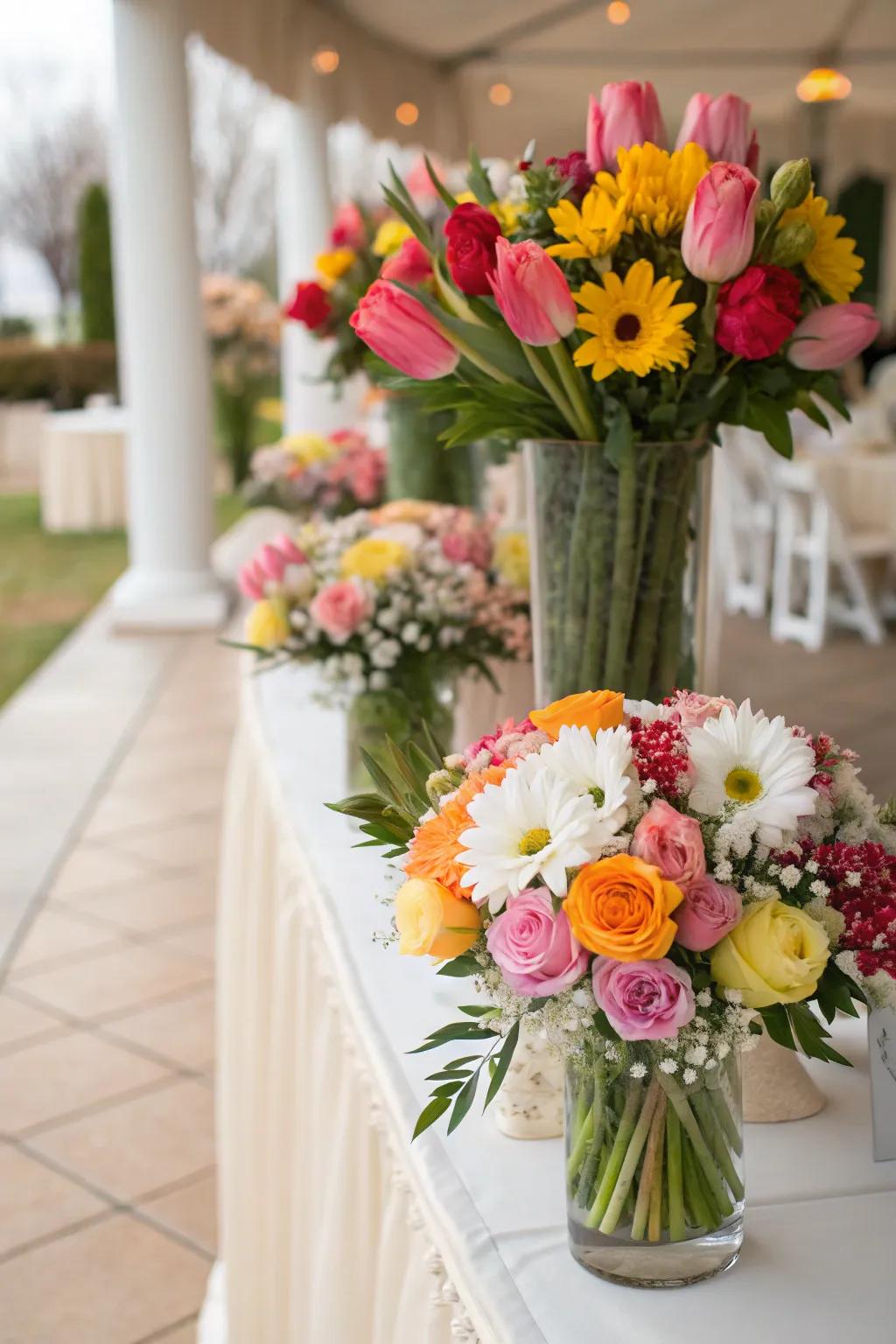 Beautiful floral arrangements with tulips, daisies, and roses for a spring wedding.